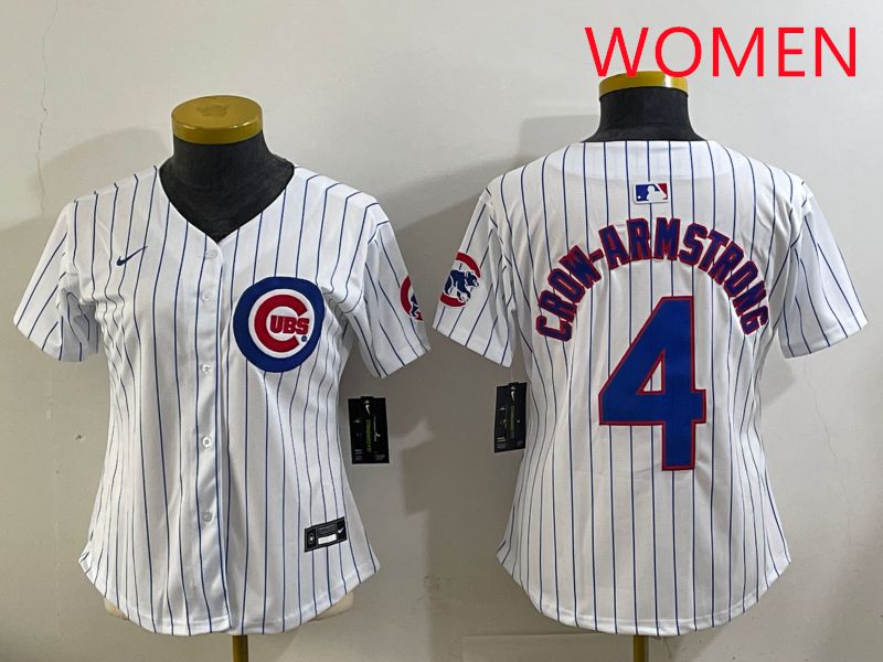 Women 2025 Chicago Cubs #4 Crow-Armstrong White Stripe Game Nike MLB Jersey style 1->women mlb jersey->Women Jersey